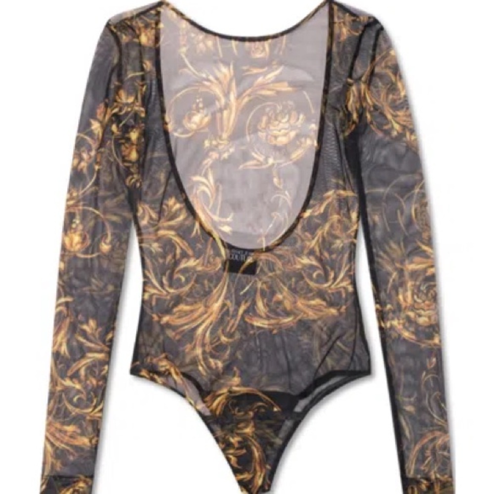 Versace Black Sheer Long-Sleeve Baroque Print Bodysuit with Gold Accents - Picture 6 of 7